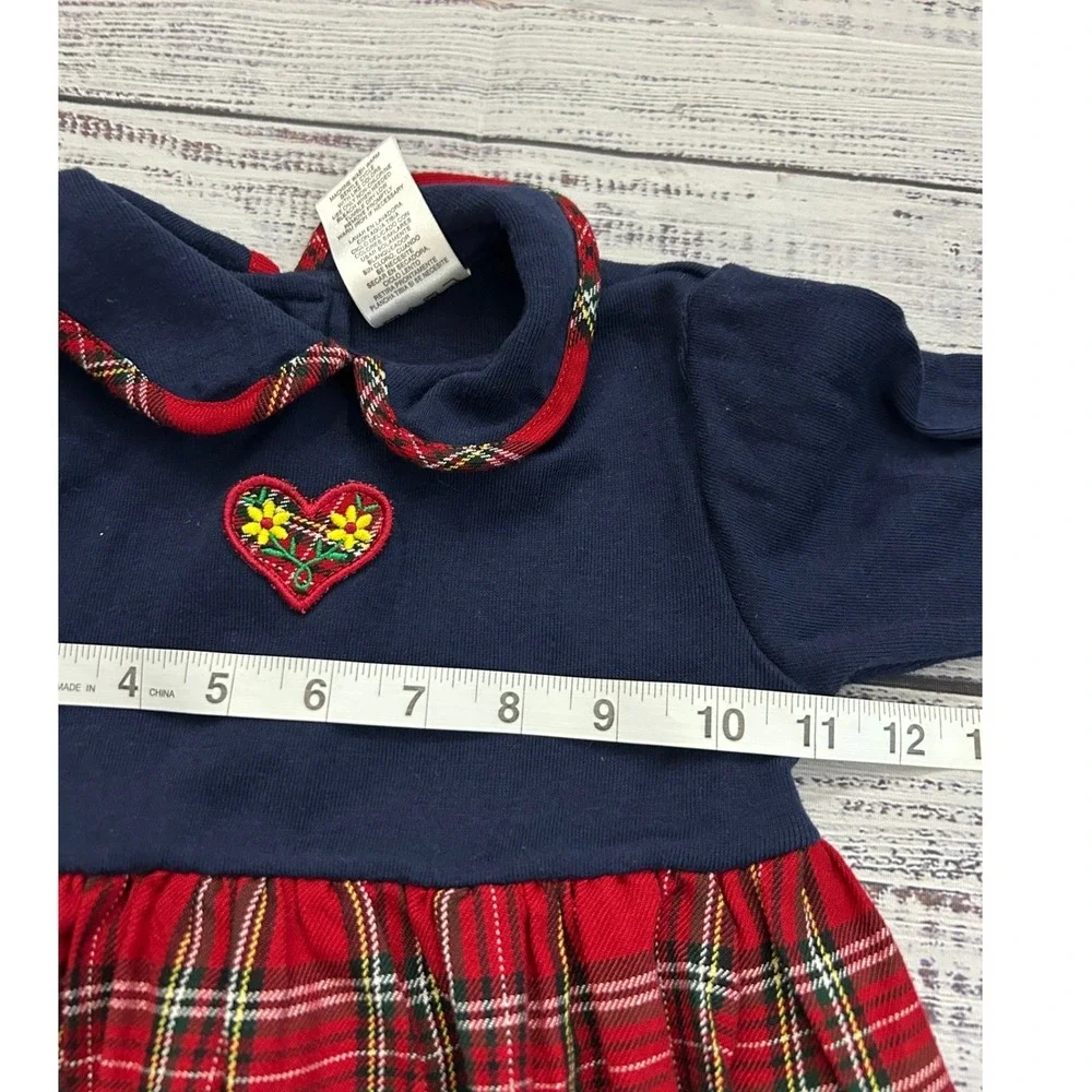 Vintage Youngland‎ Girls Navy Plaid Tartan Heart Applique Long Sleeve Dress 5